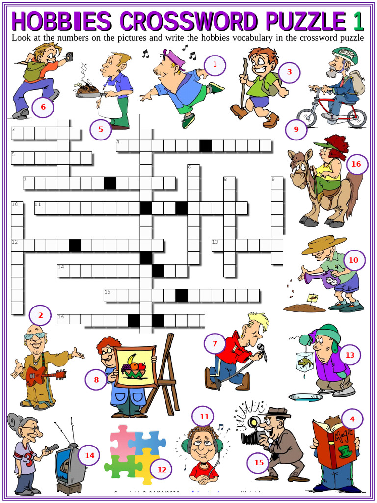 Hobbies Vocabulary Esl Crossword Puzzle Worksheets For Kids | PDF