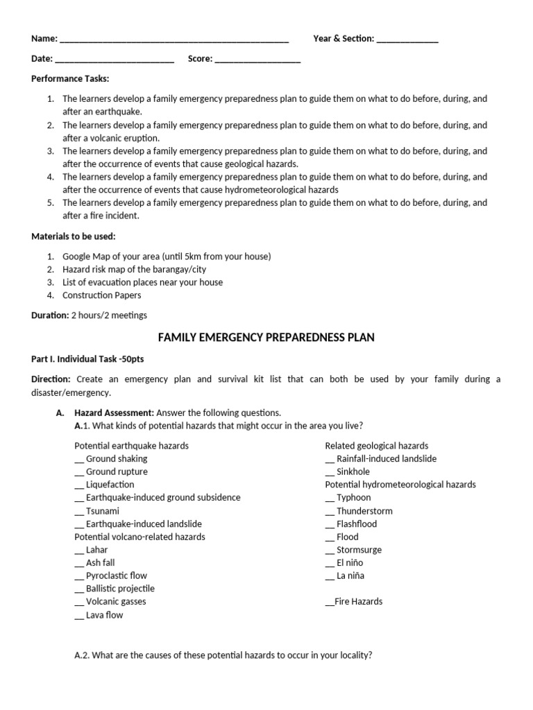 Performance Task Family Disaster Preparedness Plan | PDF
