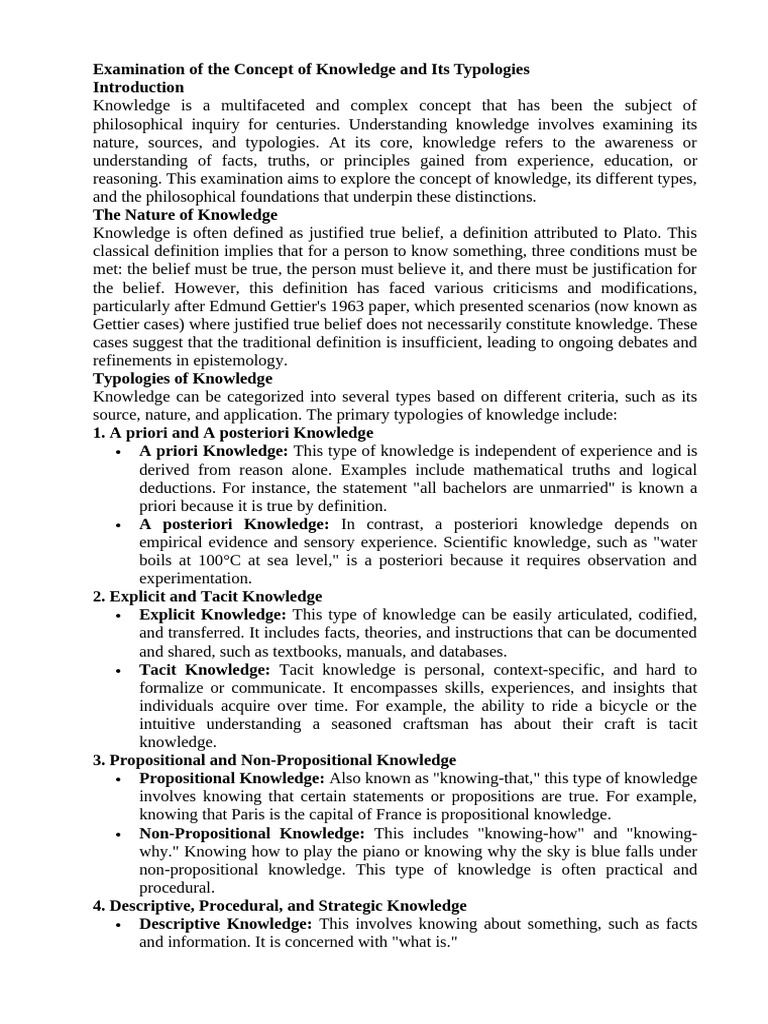Examination of The Concept of Knowledge and Its Typologies | PDF