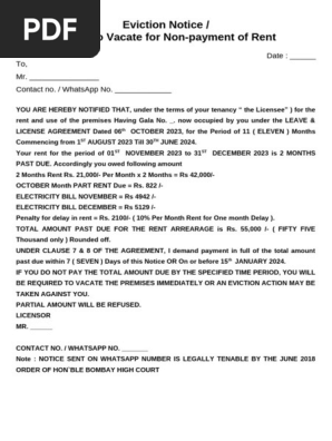 Notice of Eviction for Non Payment of Rent