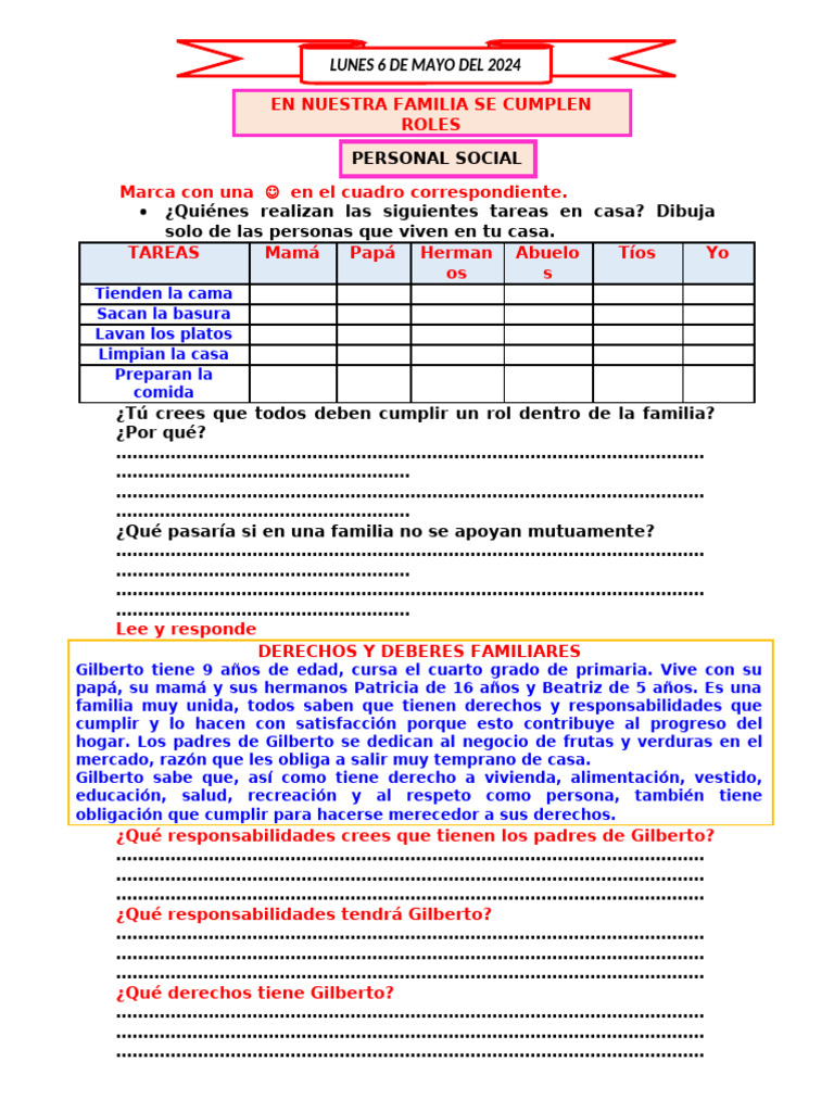Ficha de Personal Social 6 | PDF | Relaciones personales, crianza y ...