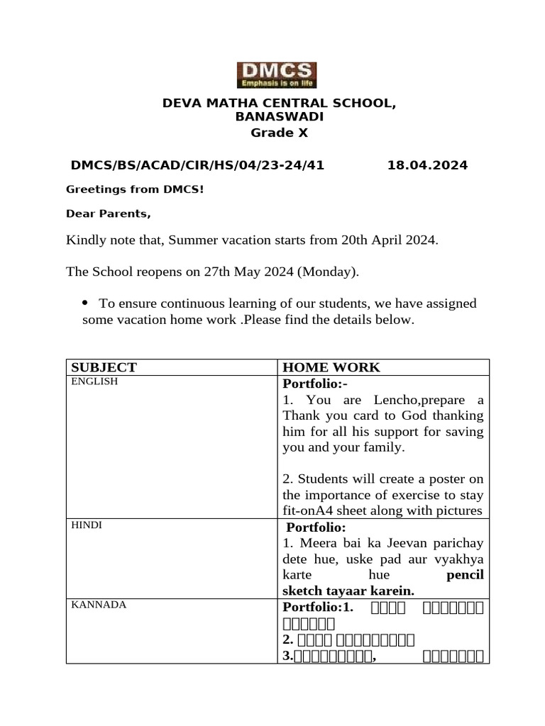 Deva Matha Central School, Banaswadi Grade X DMCS/BS/ACAD/CIR/HS/04/23 ...