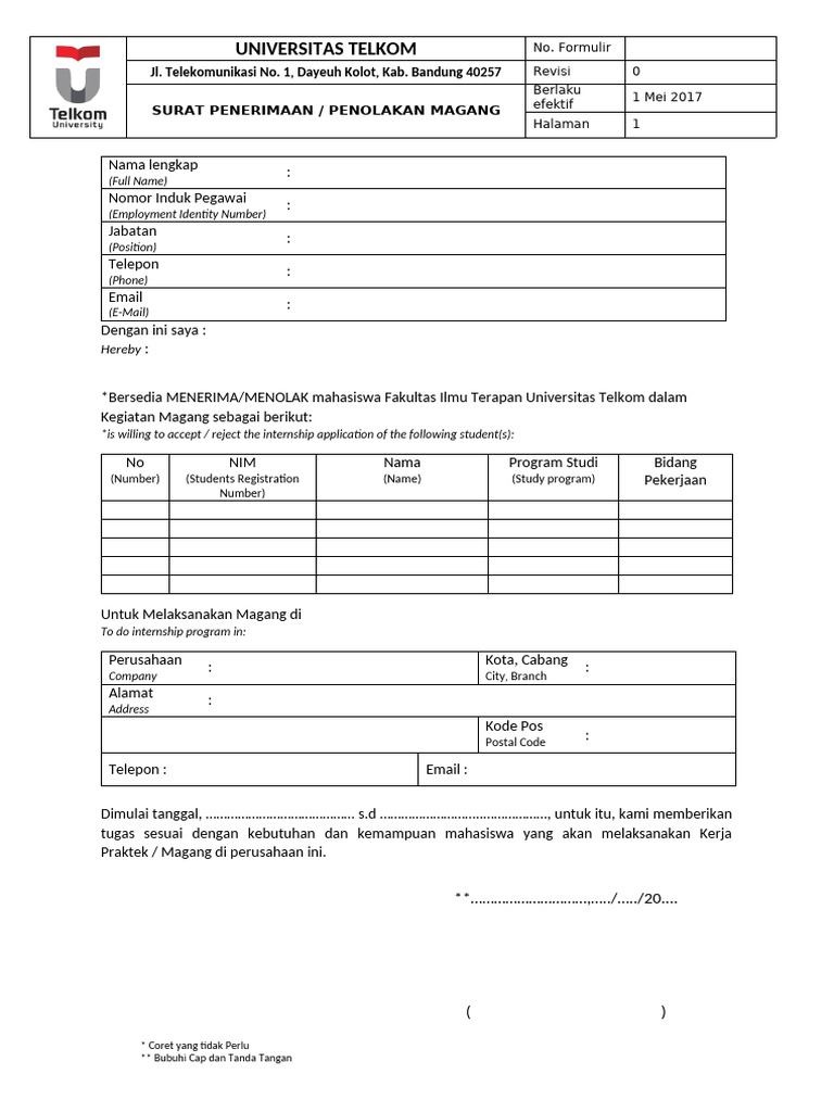 Template Form Penerimaan atau Penolakan KP dan Magang (digunakan jika ...
