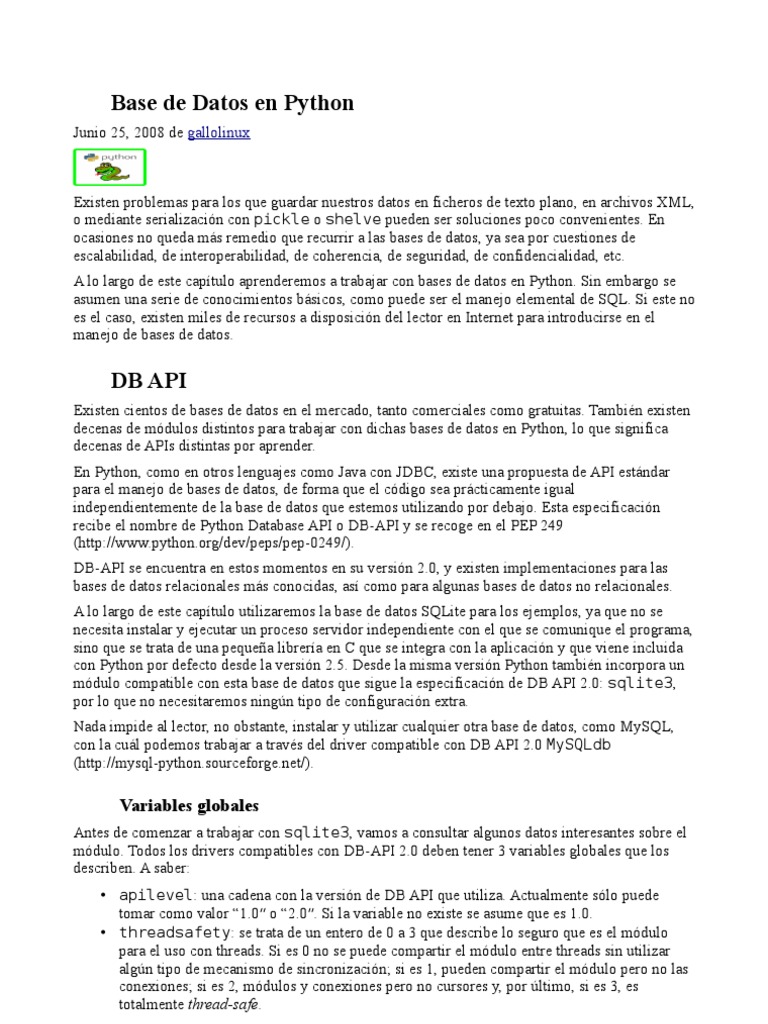 Base de Datos en Python | PDF | SQL | Python (lenguaje de programación)