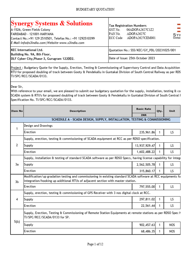 Budgetary Quotation-KEC - Gooty - Pendekallu - GTL | PDF