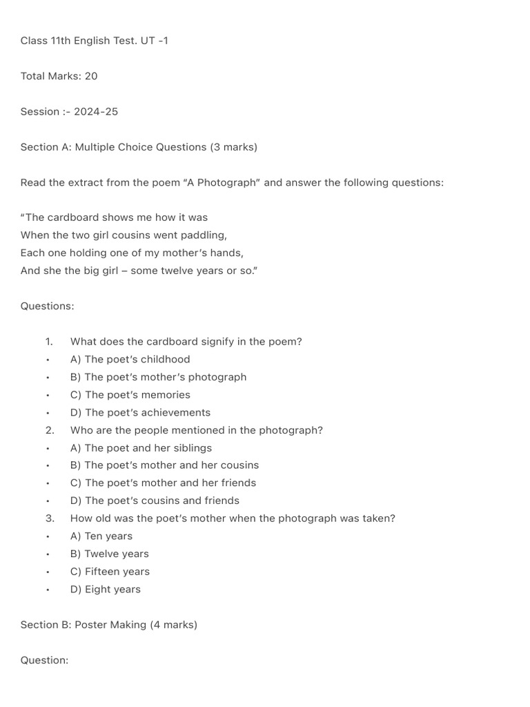 Class 11 English UT-1 Test Paper | PDF | Poetry