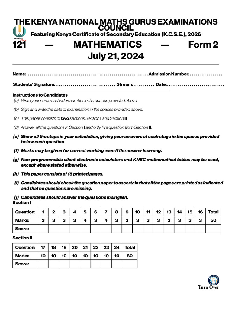 Form two mid year exam mathematics guru term two 2024 pdf