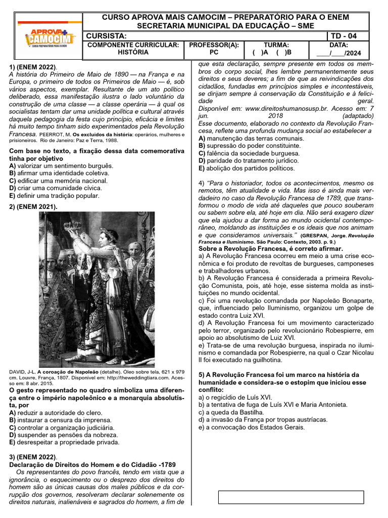 Questões sobre Revolução Francesa e ENEM | PDF | Revolução Francesa ...