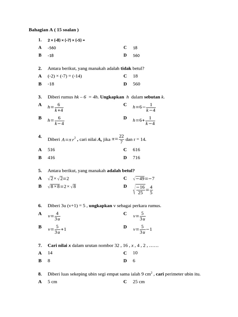 Soalan Matematik Bahagian A | PDF