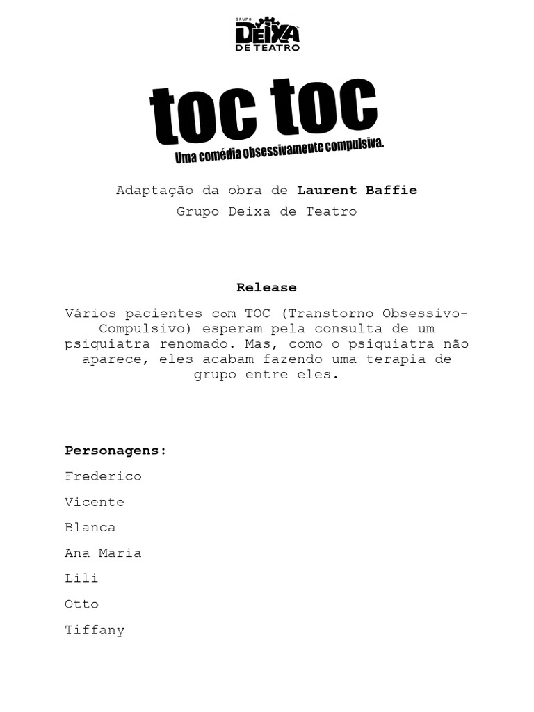 Toc Toc: Comédia sobre TOC e Terapia | PDF | Transtorno obsessivo ...