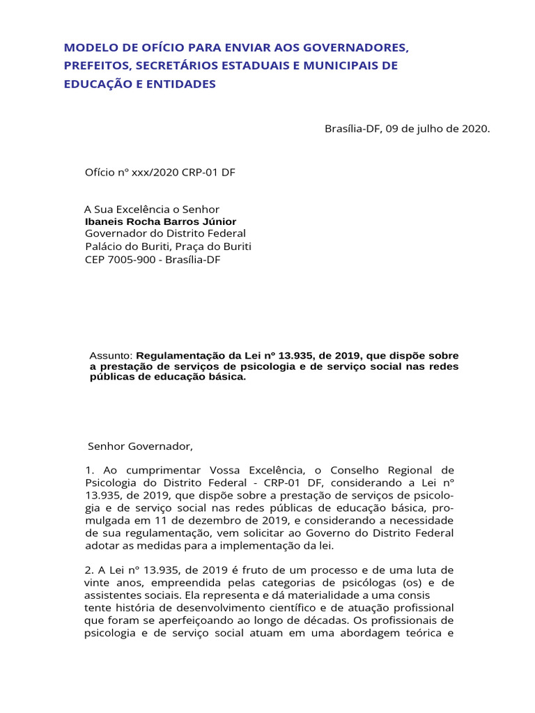Modelo de Ofício para Enviar Aos Governadores, Prefeitos, Secretários ...