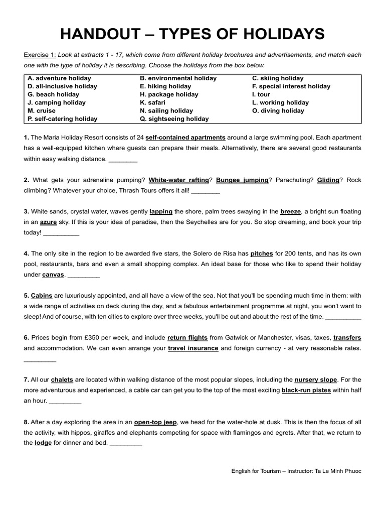 HANDOUT - Types of Holidays | PDF