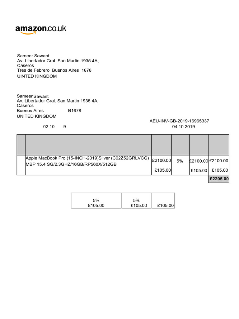 Amazon Invoice for MacBook Pro Purchase | PDF | Value Added Tax ...