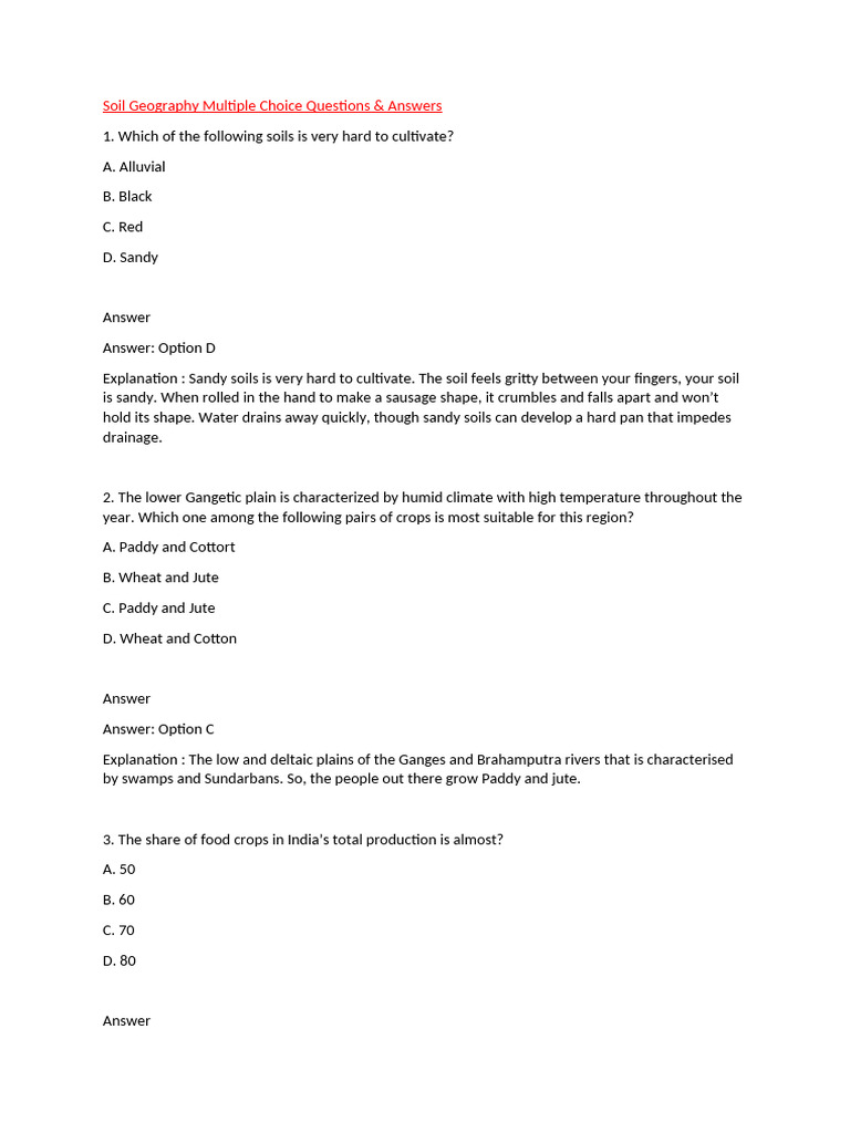 Soil geography multiple choice questions pdf