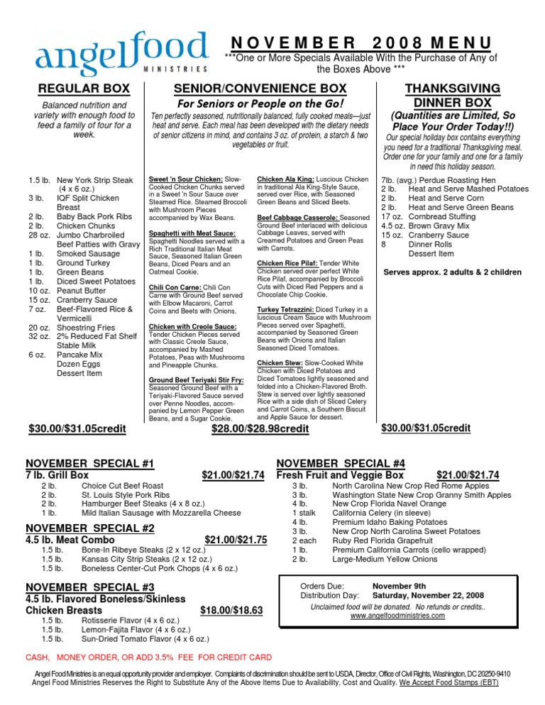 November Menu Angel Food Ministries Chili Con Carne