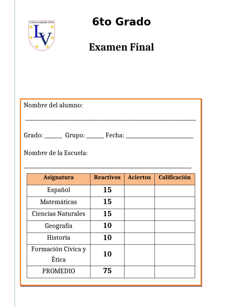 Examen Final 6to Grado: Evaluación Completa | PDF