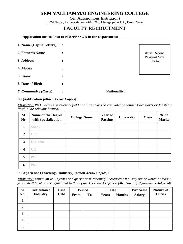 Srmvec Faculty Recruitment Application Form Professor | PDF