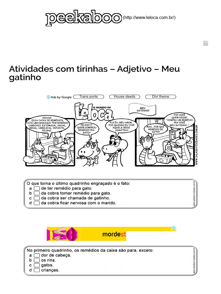Atividades de Tirinhas: Adjetivos Gatinhos | PDF | Semântica ...