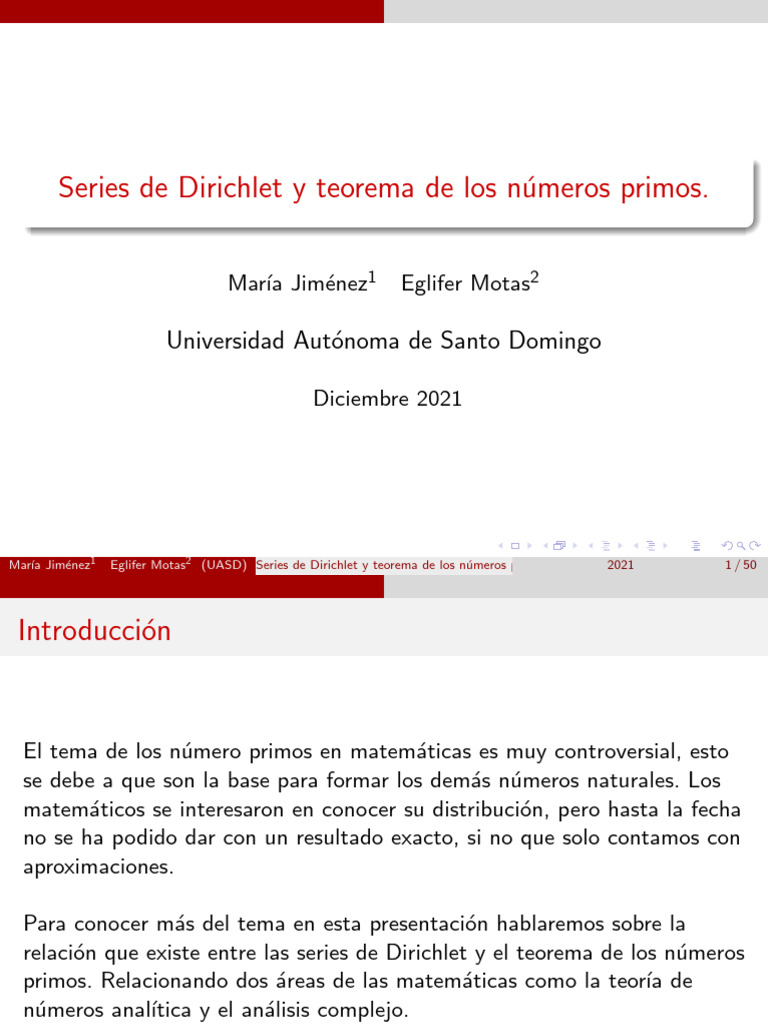 Presentacion Serie de Dirichlet y Teorema de Los Numeros Primos PDF — free download