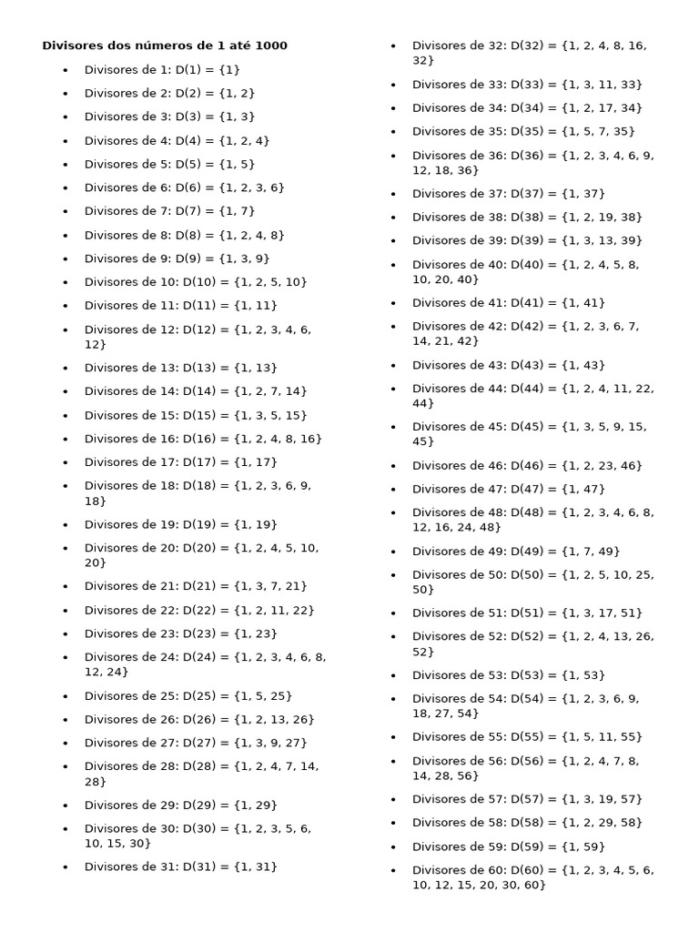 Divisores dos números de 1 até 1000 | PDF