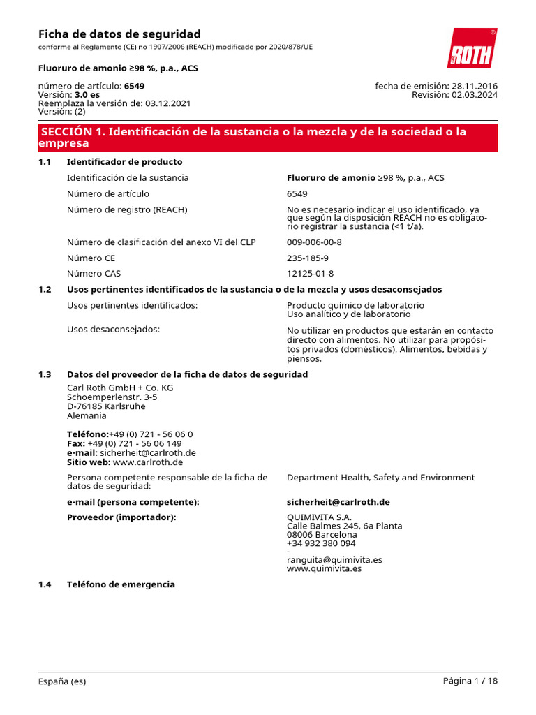 Fluoruro de Amonio (CARL ROTH) SGA PDF Residuos Amoníaco