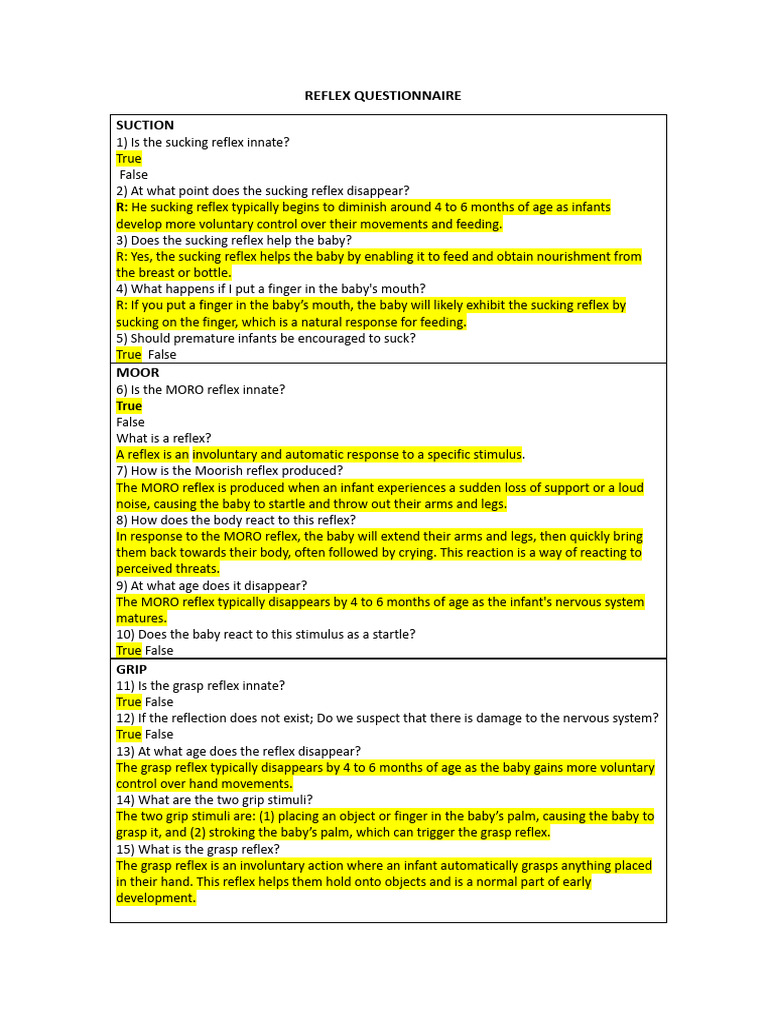 Reflex Questionnaire Class | PDF | Infants | Self-Improvement