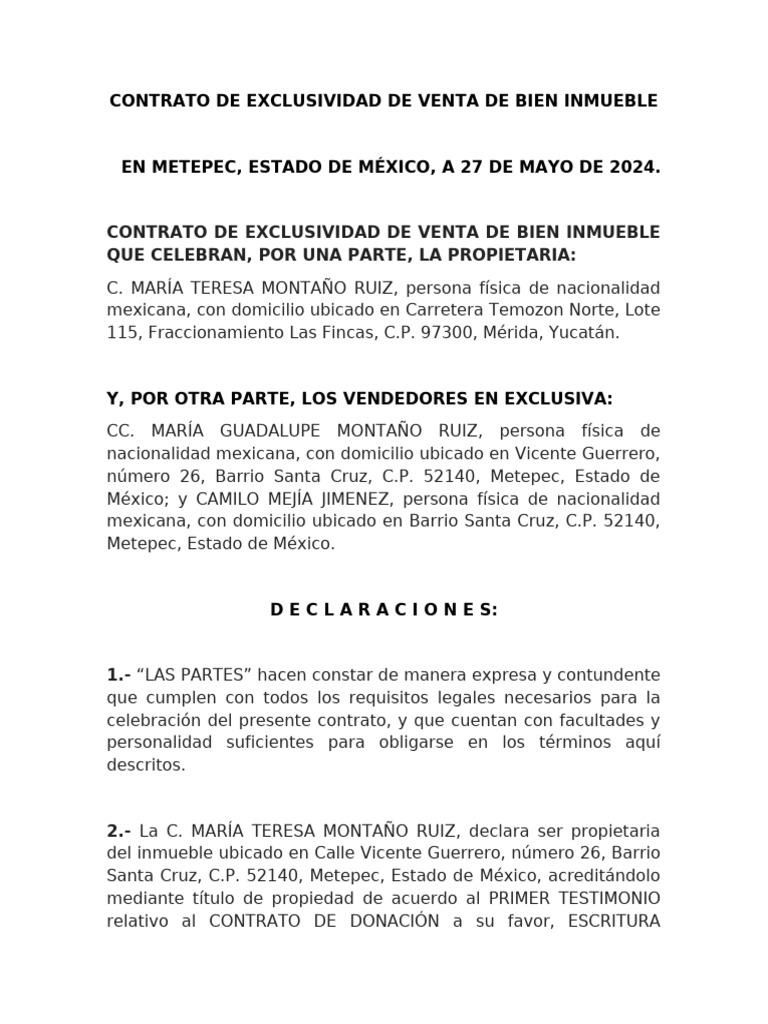 Contrato de Exclusividad de Venta de Bien Inmueble | PDF