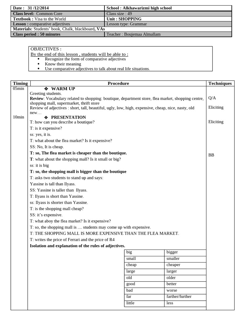 Comparative Adjectives Unit Shopping - Visa Lesson Plan | PDF