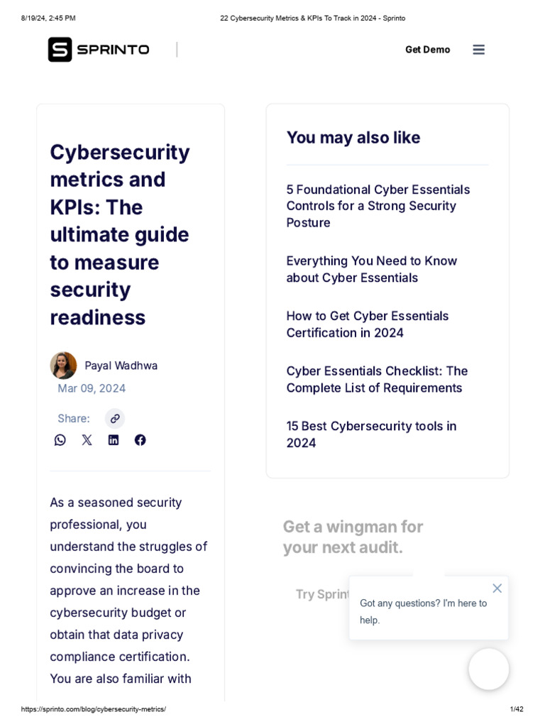 22 Cybersecurity Metrics & KPIs To Track in 2024 - Sprinto | PDF