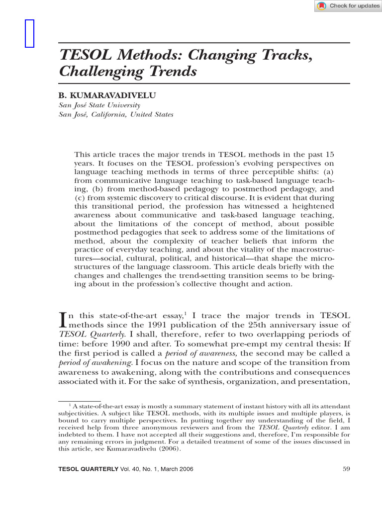 TESOL Quarterly - 2012 - KUMARAVADIVELU - TESOL Methods Changing Tracks ...
