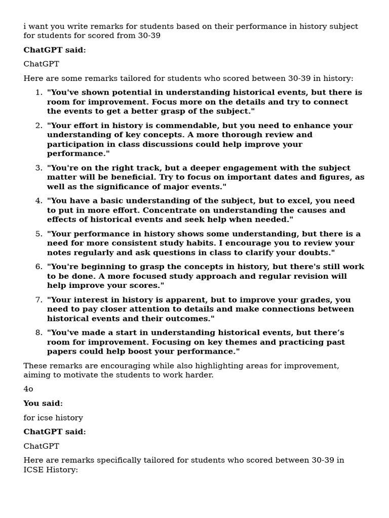 I Want You Write Remarks For Students Based On Their Performance in ...