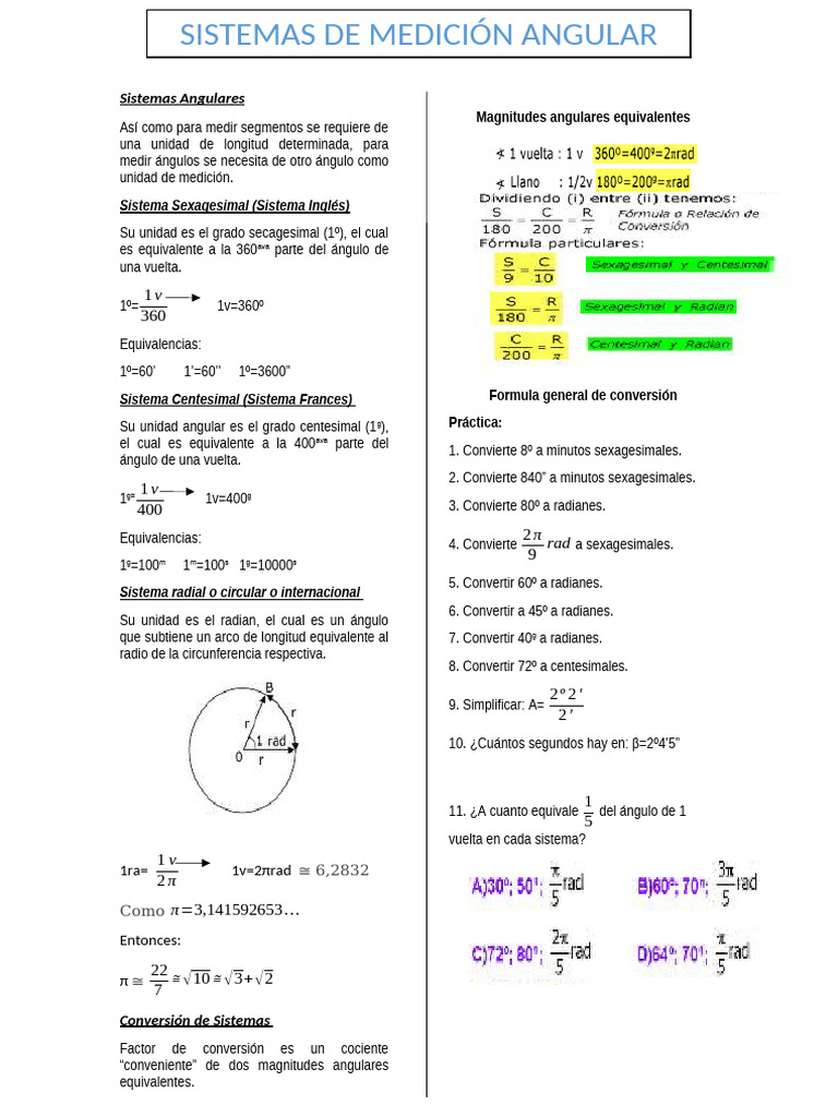 Boletín de Trigonometría - Sistema de Medición Angular | PDF ...