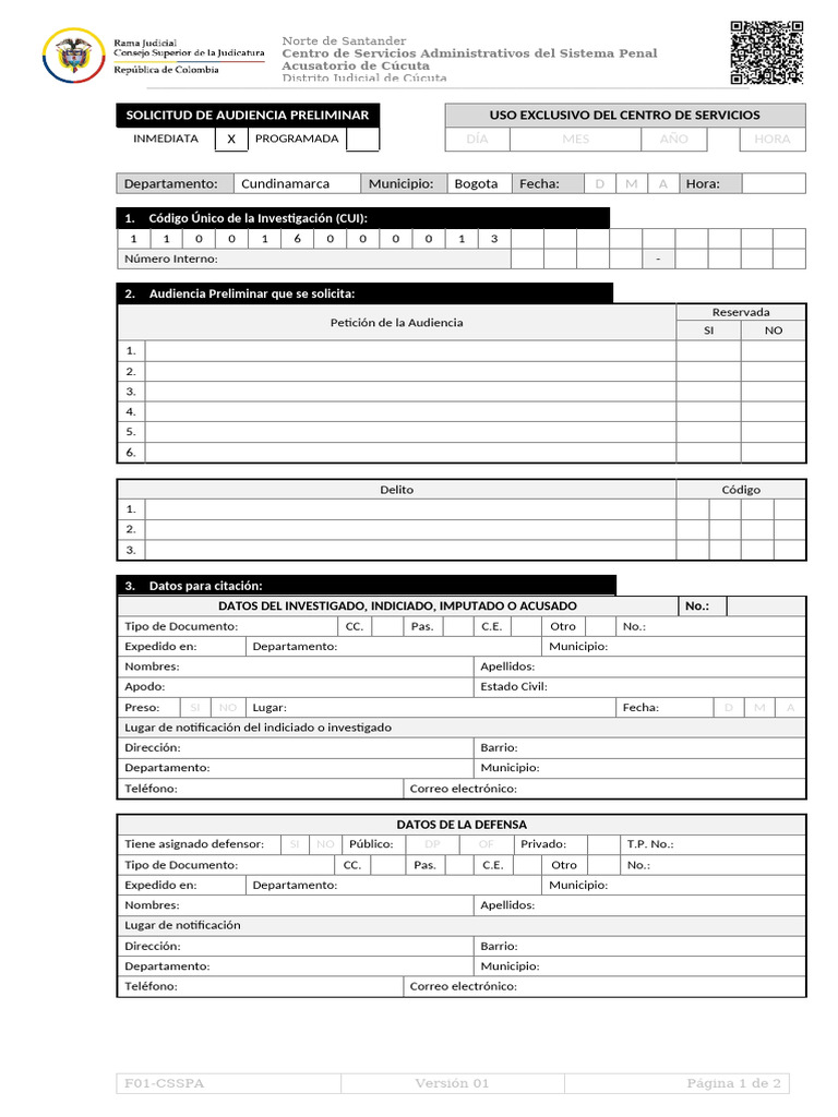 F01 Csspa Formato Solicitud De Audiencia Preliminar Pdf