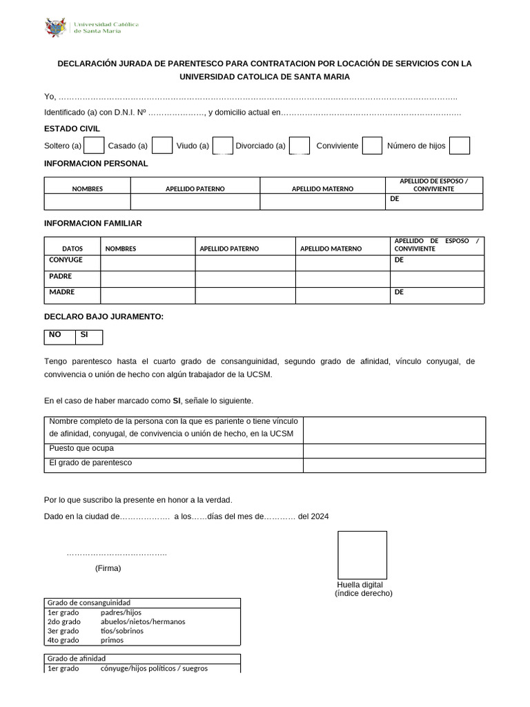 Declaracion Jurada Parentesco 2024 | PDF