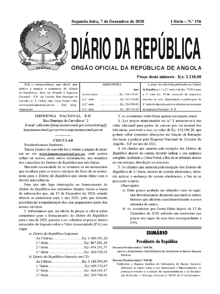Decreto Presidencial N o 310 20 de 07 de Dezembro Presidente Da ...
