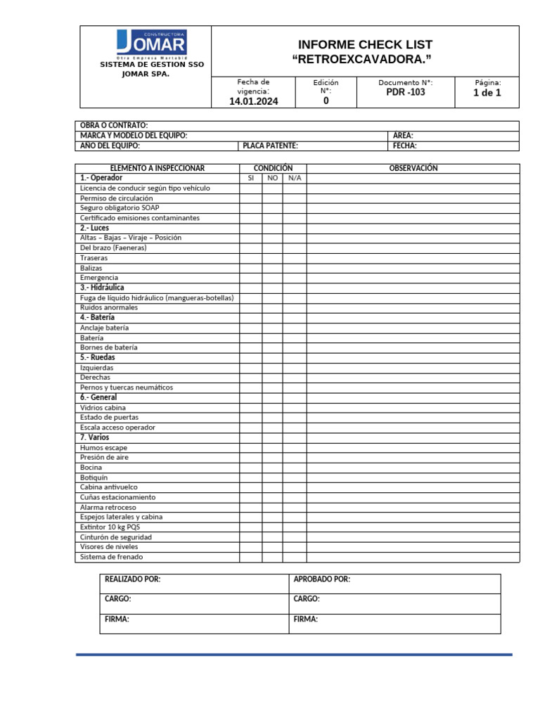 PDR - 103 Check List Retroexcavadora | PDF