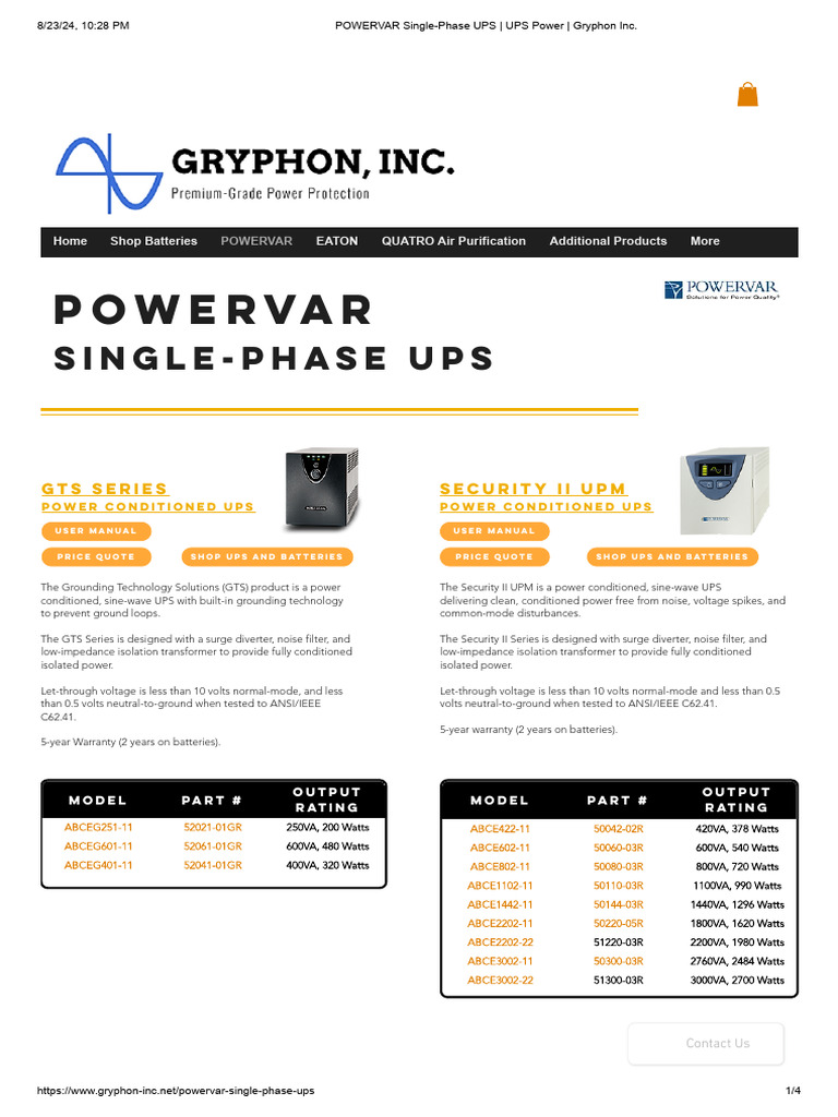 POWERVAR Single-Phase UPS - UPS Power - Gryphon Inc | PDF