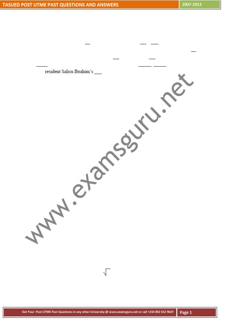 TASUED Post UTME Past Questions | PDF