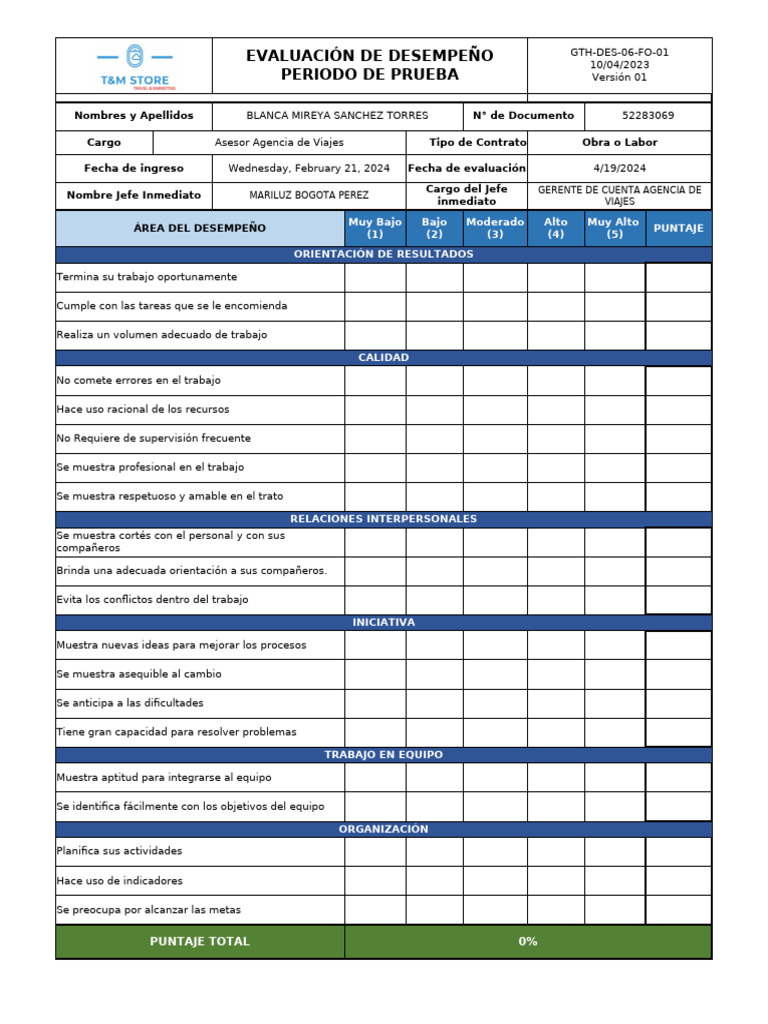 Evaluacion de Desempeño Periodo de Prueba - Av | PDF