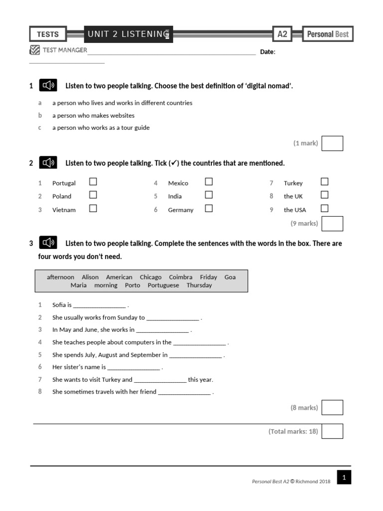 Personal Best A2 Unit 2 Listening Test | PDF