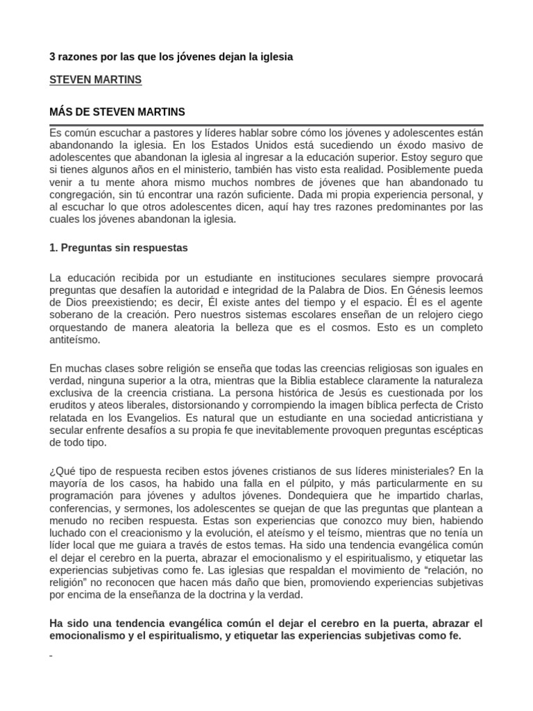 3 Razones Por Las Que Los Jóvenes Dejan La Iglesia | PDF