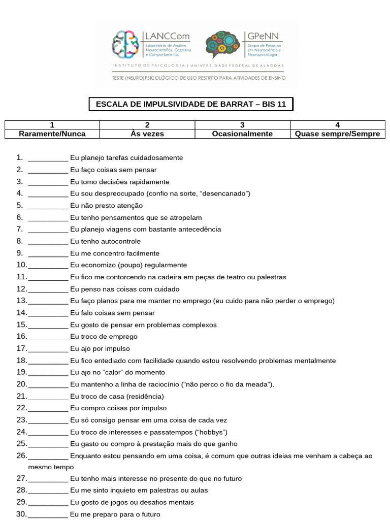 Escala de Impulsividade de Barrat - BIS 11 | PDF