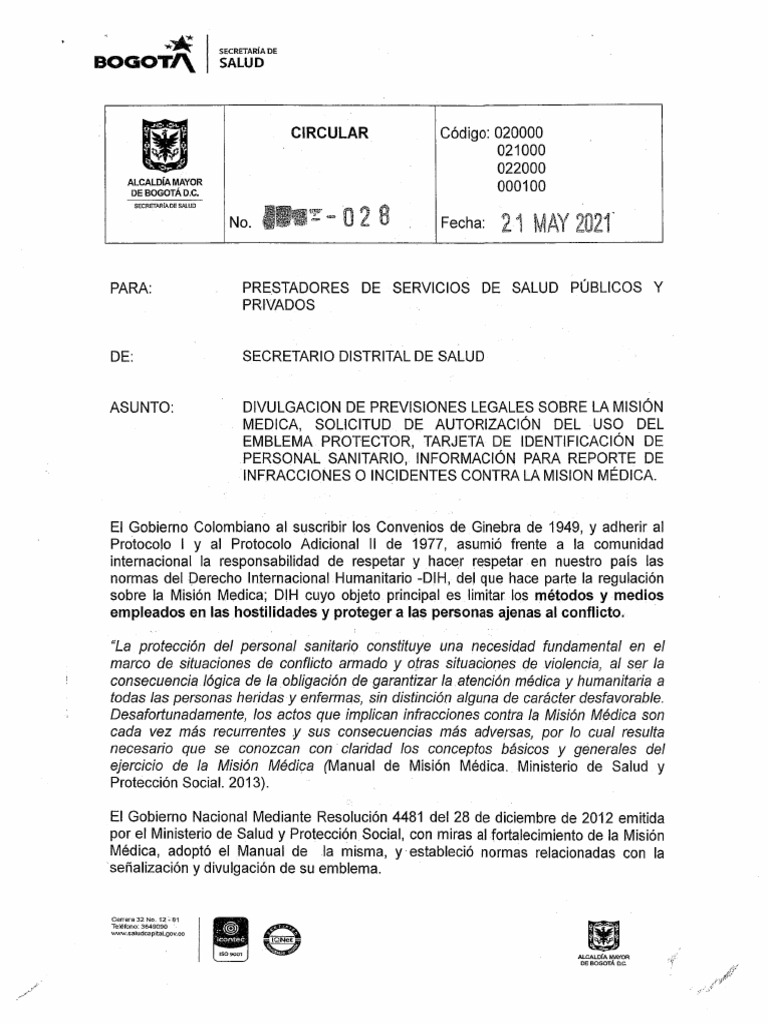 Circular 028-2021 Previsiones Legales Mision Medica | PDF