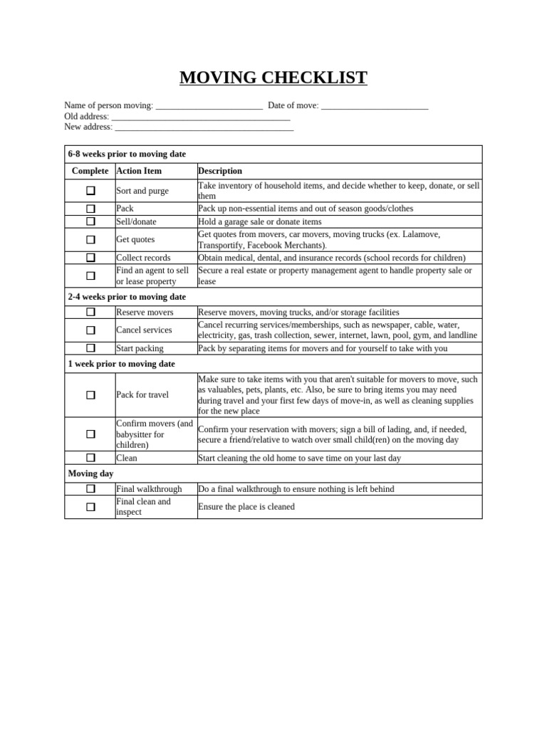 Moving Checklist | PDF