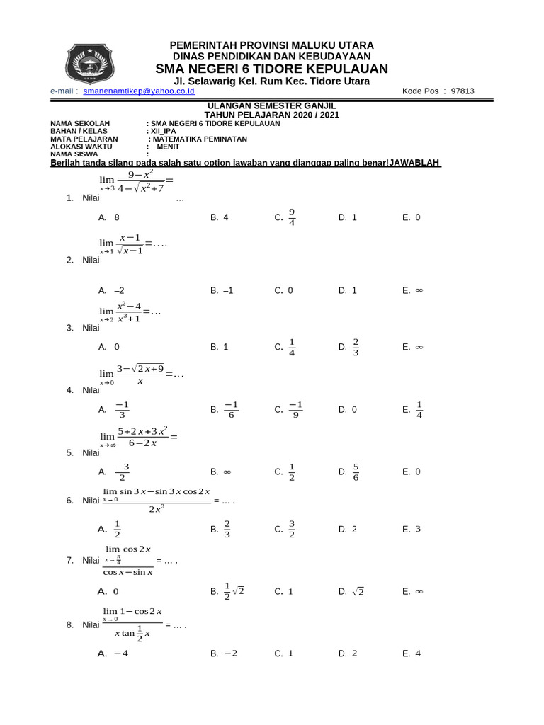 Soalmat - Sma - 6 - Xiip 2020 | PDF