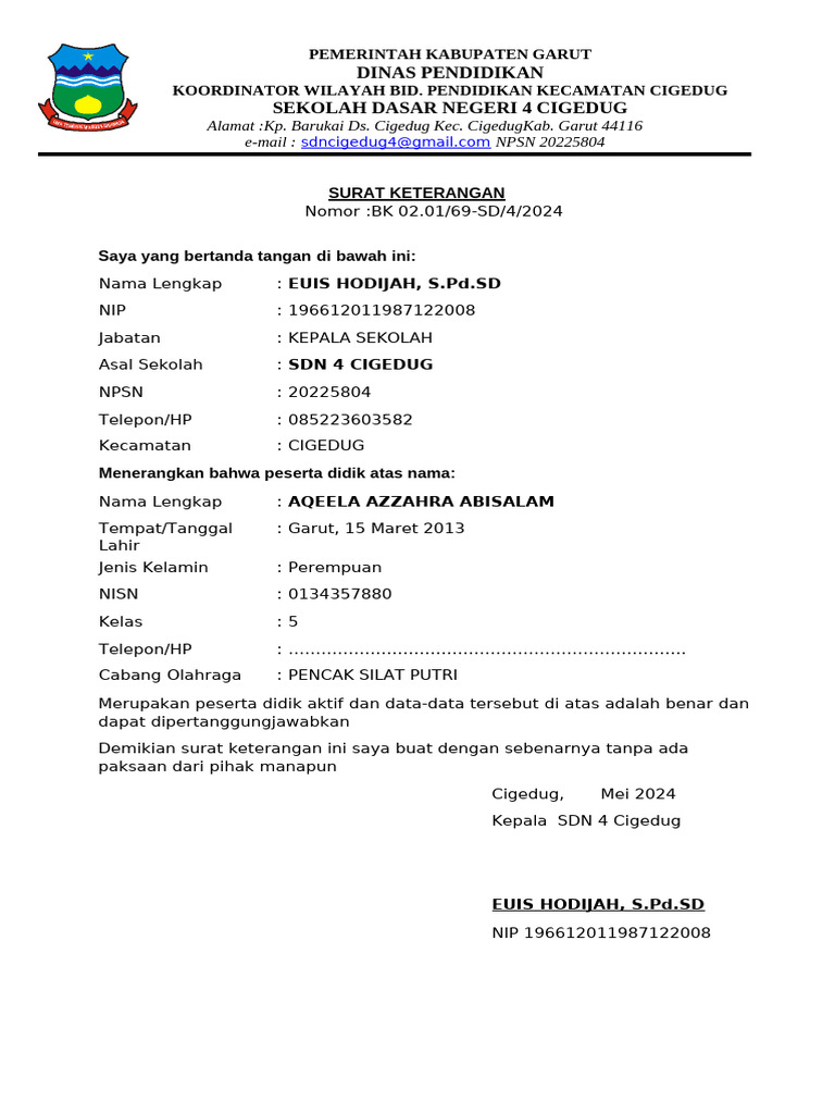 Surat Keterangan Peserta O2SN Garut | PDF | Indonesia | Social Science