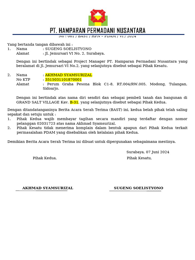 Contoh Bast Pdam | PDF