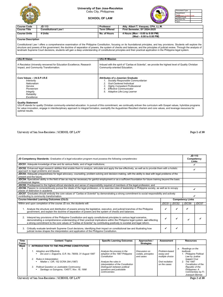 Constitutional Law I Course Outline SY 2024 2025 PDF