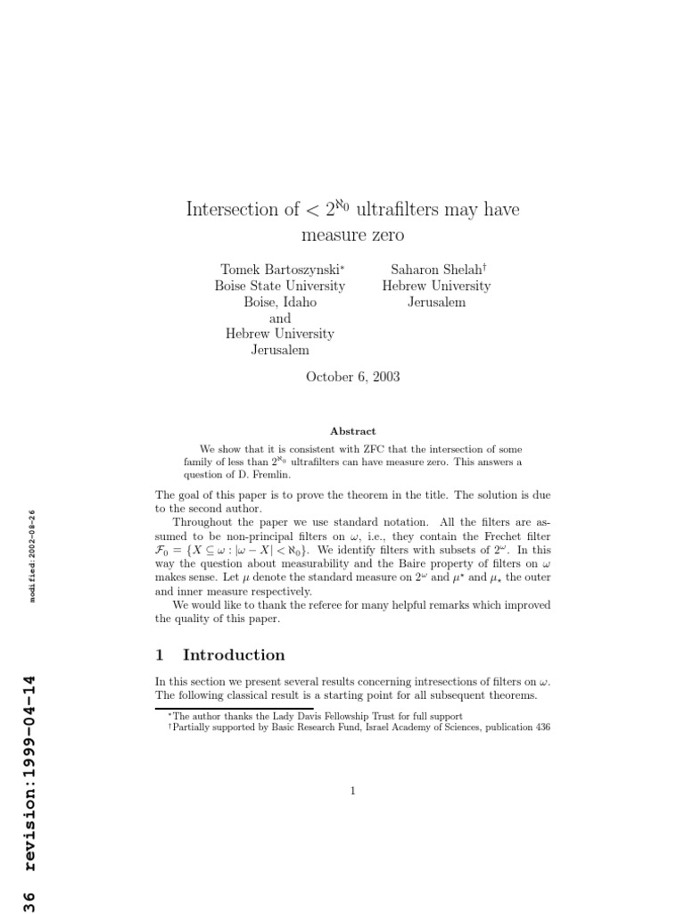 Tomek Bartoszynski and Saharon Shelah - Intersection of 2 Aleph Null ...