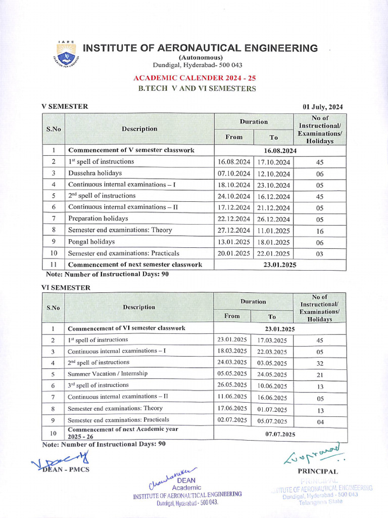 B.tech V and Vi Semester Academic Calendar 2024-25 | PDF